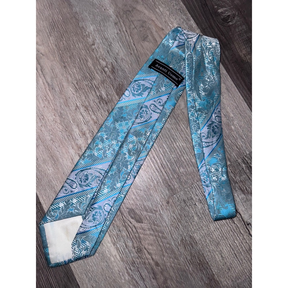 Avanti Uomo Mens Turquoise Blue Paisley Floral Jacquard Silk Blend Necktie Tie